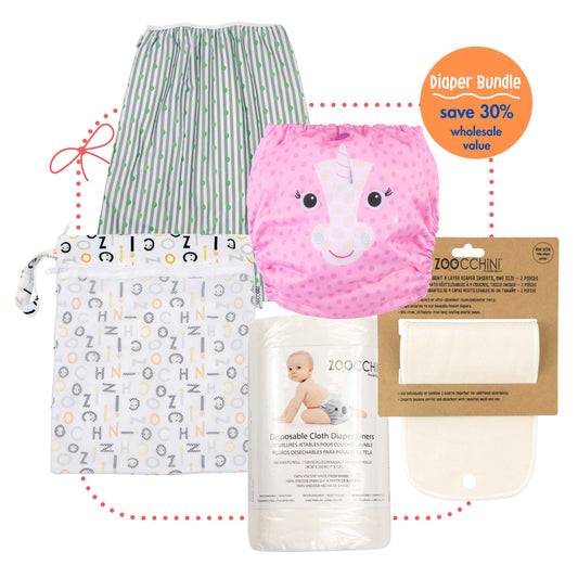 Diaper Essentials Bundle - Cloth Diaper w/ Leaves Pail Liner & Accessories (5 pcs)  **PRE-ORDER**