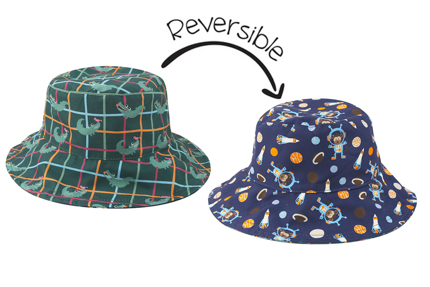 NEW! – ZOOxFJK Baby/Kids Reversible Patterned Sun Hat - Space Monkey | Alligator