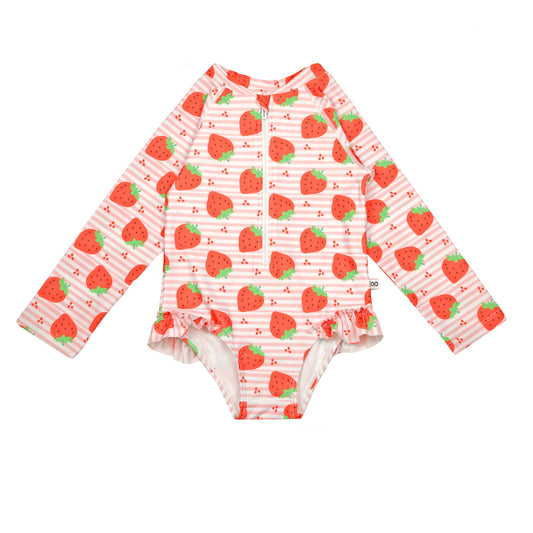 Baby/Toddler Girls Rash Guard One Piece Ruffled Swimsuit - Strawberry
