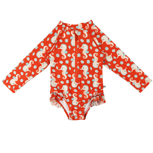 **2026 PRE-ORDER** Baby/Toddler Girls Rash Guard One Piece Ruffled Swimsuit - Sally the Seahorse
