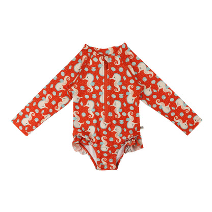 **2026 PRE-ORDER** Baby/Toddler Girls Rash Guard One Piece Ruffled Swimsuit - Sally the Seahorse