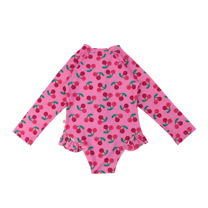 **2026 PRE-ORDER** Baby/Toddler Girls Rash Guard One Piece Ruffled Swimsuit - Cherry