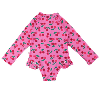 Baby/Toddler Girls Rash Guard One Piece Ruffled Swimsuit - Cherry