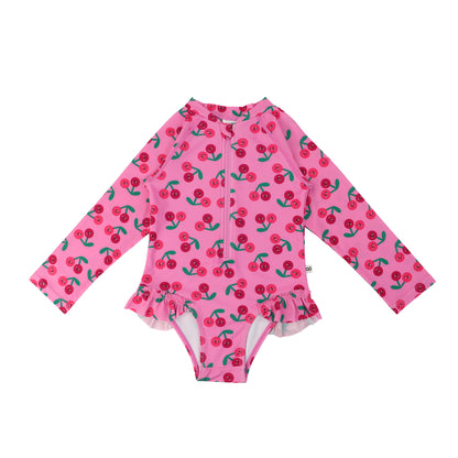**2026 PRE-ORDER** Baby/Toddler Girls Rash Guard One Piece Ruffled Swimsuit - Cherry