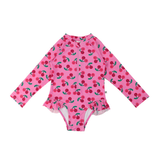 **2026 PRE-ORDER** Baby/Toddler Girls Rash Guard One Piece Ruffled Swimsuit - Cherry