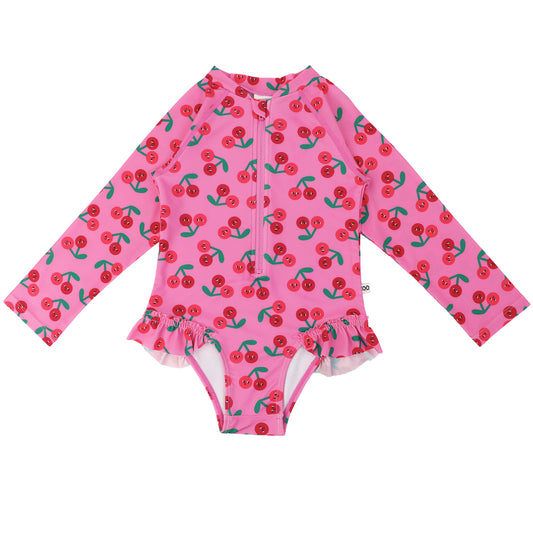 **2026 PRE-ORDER** Baby/Toddler Girls Rash Guard One Piece Ruffled Swimsuit - Cherry